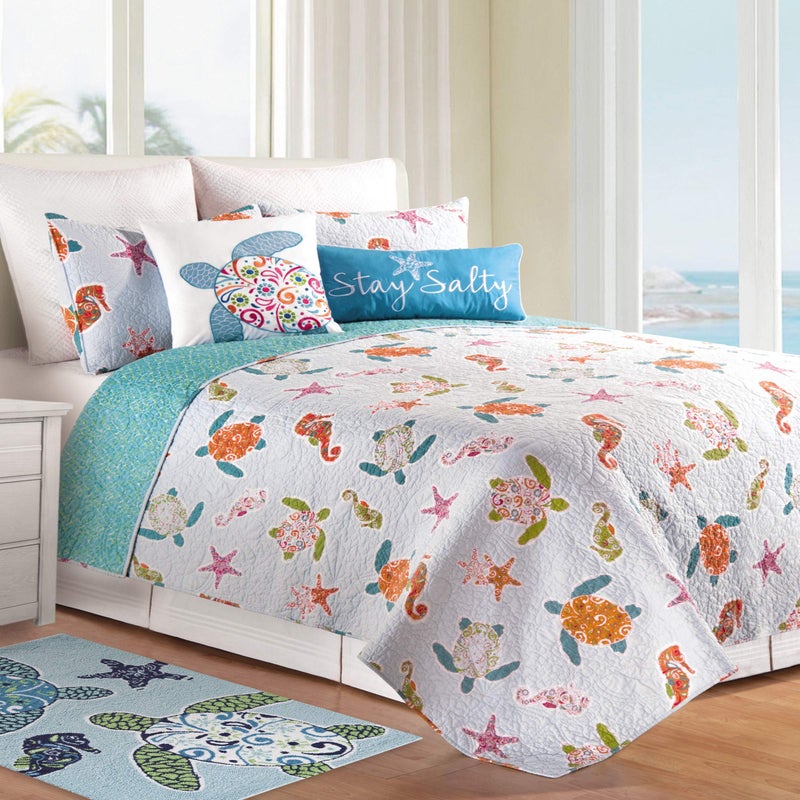 C&F Home St. Kitts Twin 2 Piece Cotton Quilt Set Summer Beach Ocean Coastal Sea Turtle Sea Horse Reversible Machine Washable Lightweight Bedspread Coverlet Bedding Twin Aqua - Image 2